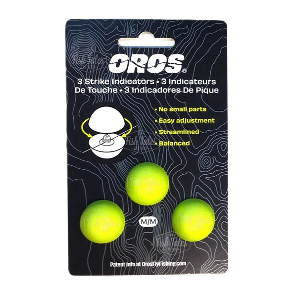 Packaged Oros 3-pack fly fishing indicators showing the medium sized hi-vis chartreuse color option on a white background.