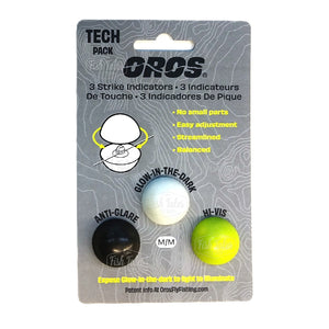 Packaged Oros Tech Pack 3-pack fly fishing indicators showing the black anti-glare, glow in the dark, and hi-vis colors included on a white background.