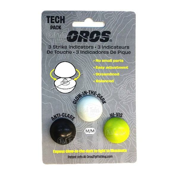 Packaged Oros Tech Pack 3-pack fly fishing indicators showing the black anti-glare, glow in the dark, and hi-vis colors included on a white background.