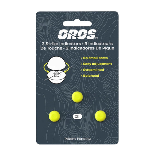 A package of 3 x-small size hi-vis chartreuse Oros Strike Indicators for fly fishing, on a white background.