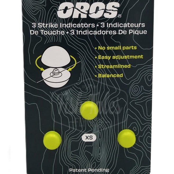 A package of Oros Strike Indicators for fly fishing with three chartreuse indicators on a white background.