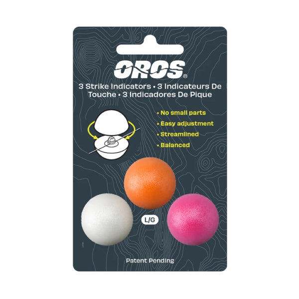 A package of 3 large size Oros Strike Indicators for fly fishing with white, pink and orange included, on a white background.