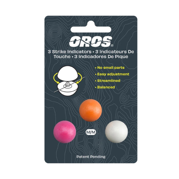 A package of 3 medium size Oros Strike Indicators for fly fishing with white, pink and orange included, on a white background.