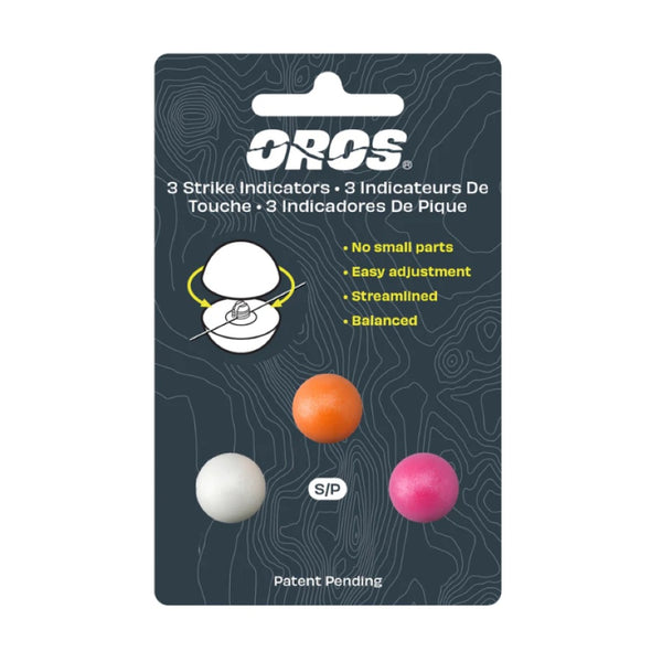 A package of 3 small size Oros Strike Indicators for fly fishing with white, pink and orange included, on a white background.