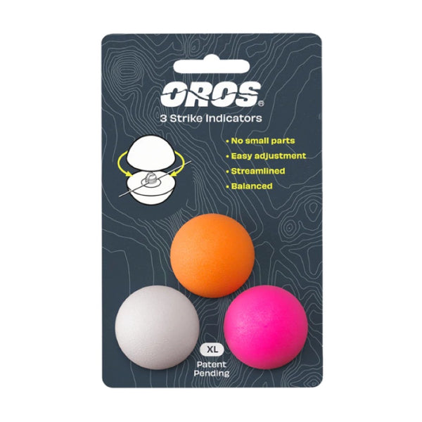 A package of 3 x-large size Oros Strike Indicators for fly fishing with white, pink and orange included, on a white background.