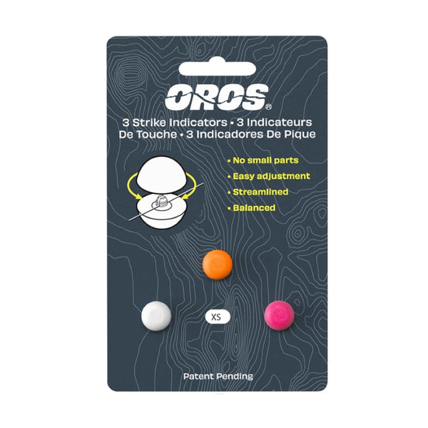 A package of 3 x-small size Oros Strike Indicators for fly fishing with white, pink and orange included, on a white background.