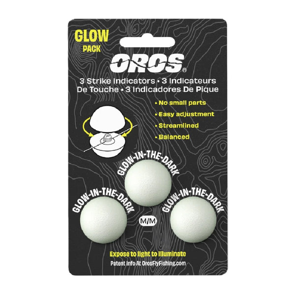 Packaged OROS strike indicators with three glow-in-the-dark medium sized indicators included, on a white background.