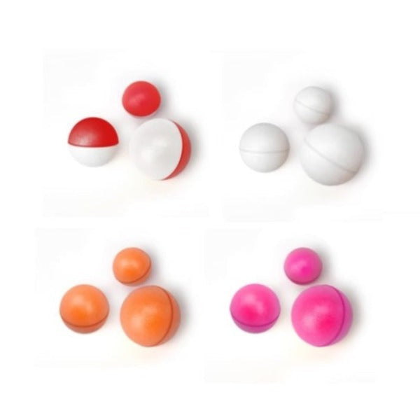 A group of Oros Strike Indicators with multicolored indicators showing difference in sizes over a white background.
