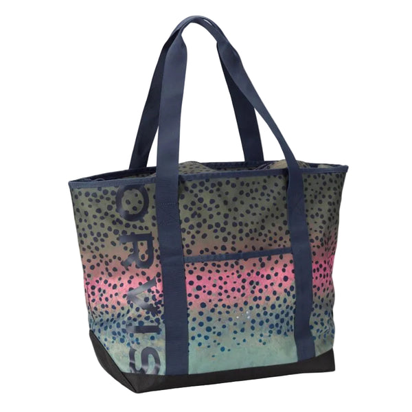 Orvis Adventure Tote Bag with a rainbow trout pattern and visible brand name on a white background.