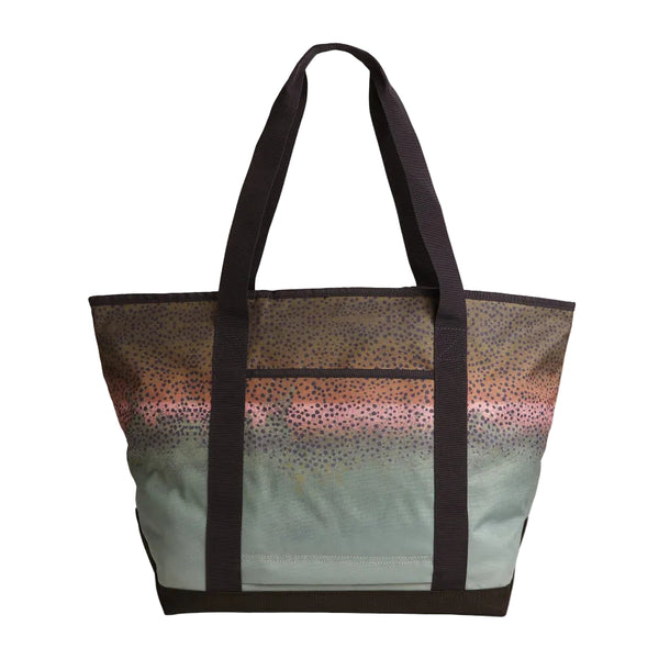 Orvis Adventure Tote Bag with a rainbow trout pattern showing back side with pocket on a white background.