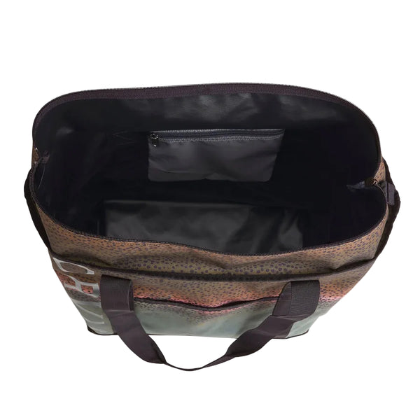Overhead view of the Orvis Adventure Tote Bag with a rainbow trout pattern showing the lined interior with zipper pocket on a white background.
