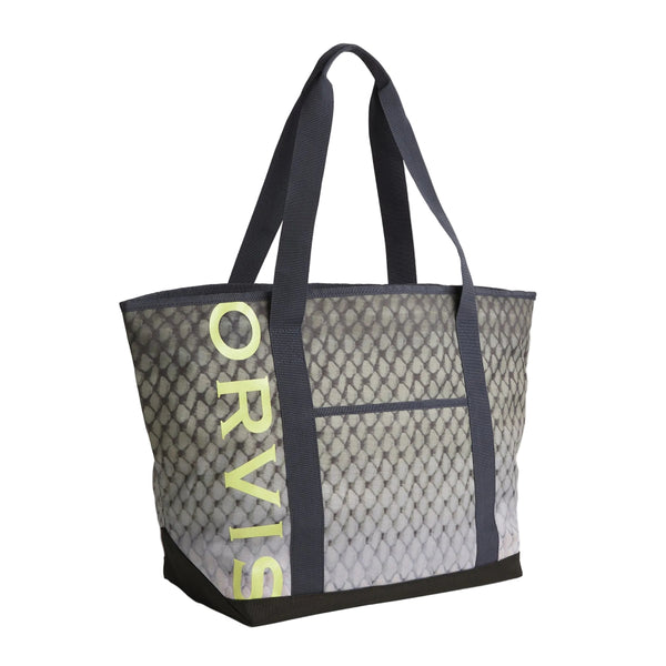 Orvis Adventure Tote Bag with a tarpon pattern and visible brand name on a white background.