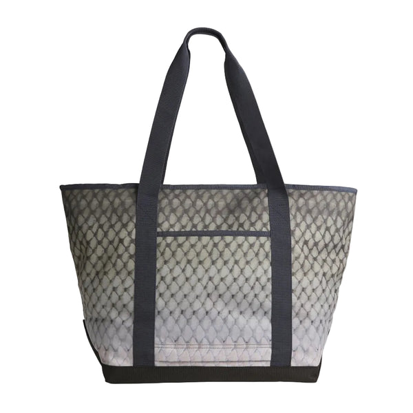Orvis Adventure Tote Bag with a tarpon pattern showing back side with pocket on a white background.