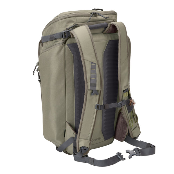 The back of the Orvis Bug Out Backpack in dusty olive on a white background.