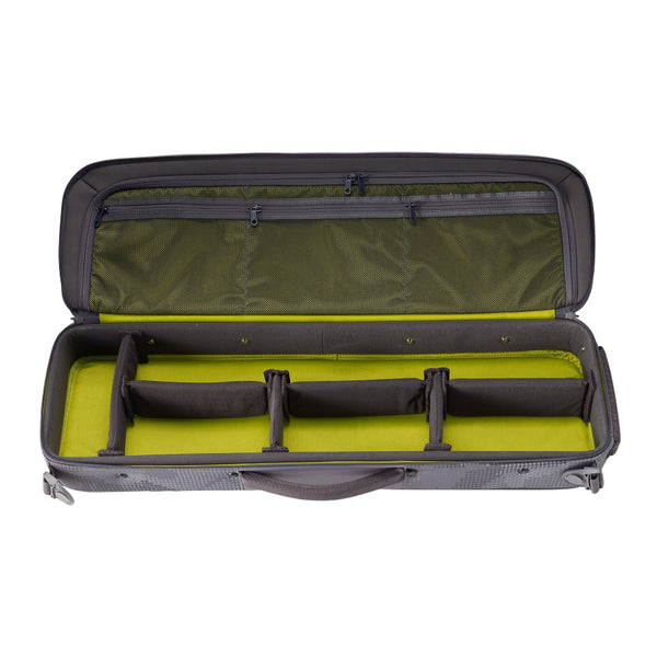 Hi-vis interior of the Steel Camo color, regular size Orvis Carry It All Fly Fishing Travel Bag showing the customizable dividers on a white background.