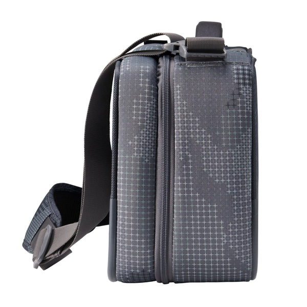 Side view of the Steel Camo color, regular size Orvis Carry It All Fly Fishing Travel Bag showing the carrying strap on a white background.