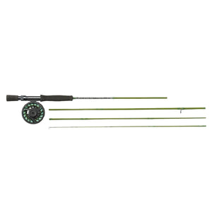 An Orvis Encounter Mighty Mite Fly Fishing Rod and Reel Combo shown in four sections with the reel attached to handle on a white background. 