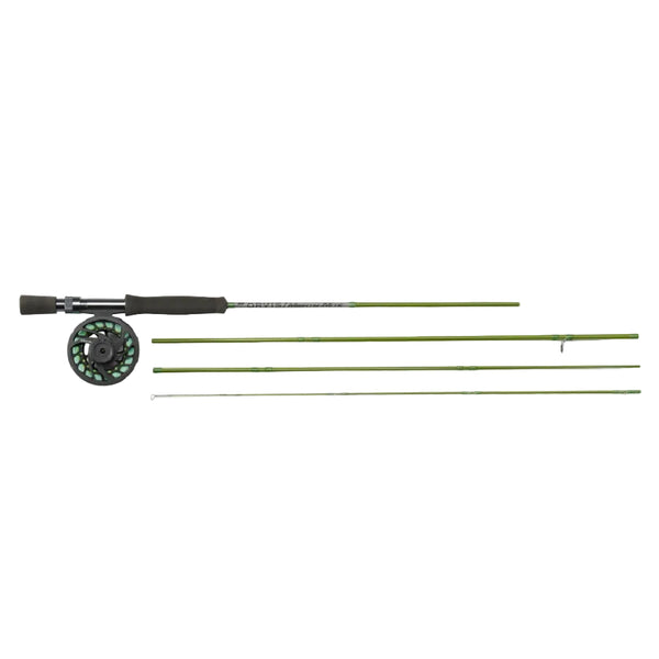 An Orvis Encounter Mighty Mite Fly Fishing Rod and Reel Combo shown in four sections with the reel attached to handle on a white background. 