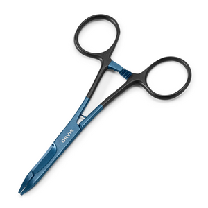 Pair of Orvis Flow Scissor Forceps with black handles and blue tips on a white background.