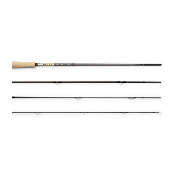 Orvis 50th Anniversary Edition Helios fly fishing rod in 4 sections on a white background.