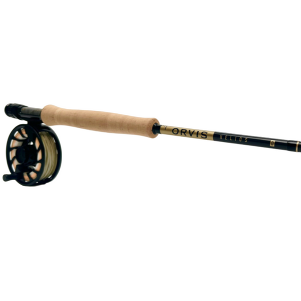 Orvis Helios 50th anniversary Special Edition fly fishing rod and reel on a white background.