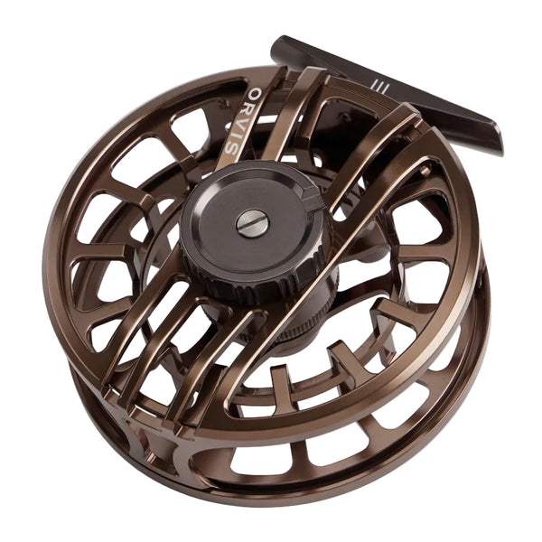 A coffee colored Orvis Hydros machined aluminum fly fishing reel on a white background.