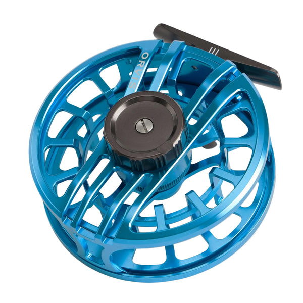 A flats blue Orvis Hydros machined aluminum fly fishing reel on a white background.