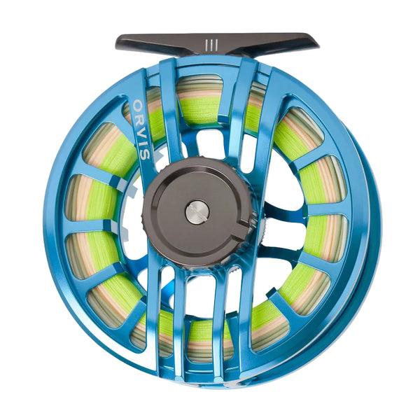 A flats blue Orvis Hydros machined aluminum fly fishing reel on a white background.