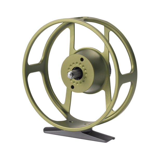 The interior of the frame on a matte olive green color Orvis Hydros II Euro Fly Fishing Reel on a white background.