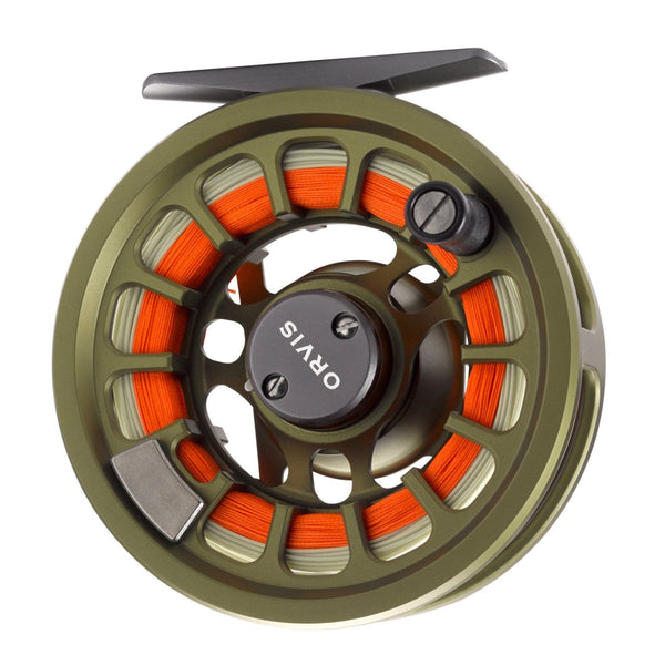 Matte olive green color Orvis Hydros II Euro Fly Fishing Reel with orange line (not included) on a white background.