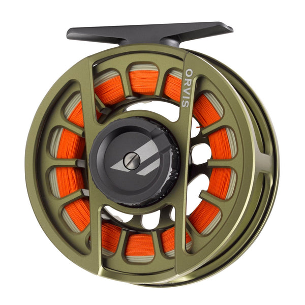 Matte olive green color Orvis Hydros II Euro Fly Fishing Reel with orange line (not included) on a white background.