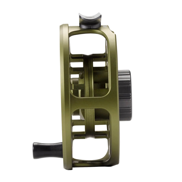 Side view of the matte olive green color Orvis Hydros II Euro Fly Fishing Reel on a white background.