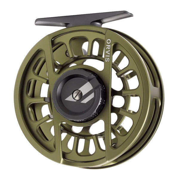 Matte olive green color Orvis Hydros II Euro Fly Fishing Reel on a white background.