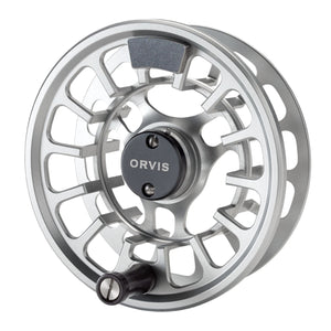 An Orvis Hydros fly fishing reel spool with a large arbor, featuring a matte anodized finish and an ergonomically improved drag knob on a white background.