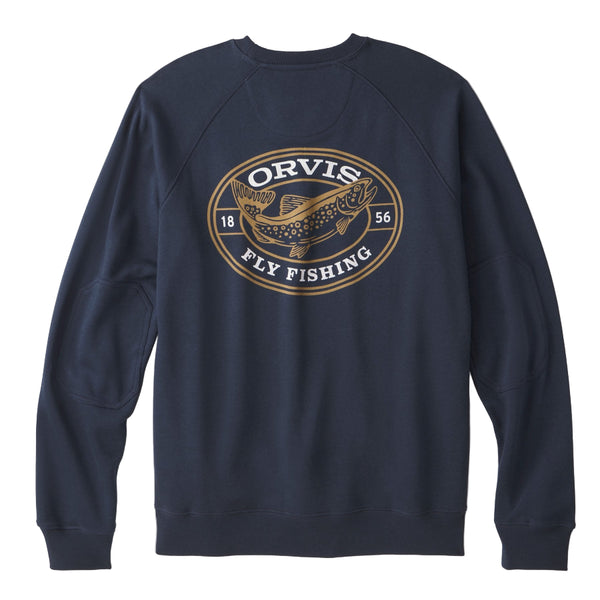 Navy blue Orvis Men's Campfire Crewneck Pullover Sweatshirt with a trout graphic on the back, against a white background.