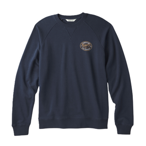 Navy blue Orvis Men's Campfire Crewneck Pullover Sweatshirt with a logo on the chest against a white background.