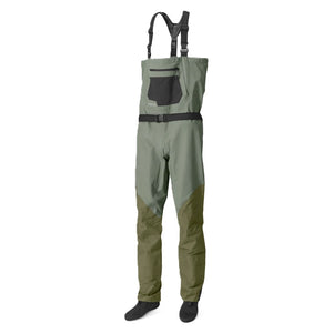 Orvis Men's Clearwater Stockingfoot Fly Fishing Waders in sagebrush color palette, with black straps, belt and pocket details, on a white background.