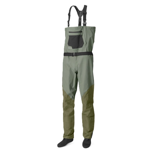 Orvis Men's Clearwater Stockingfoot Fly Fishing Waders in sagebrush color palette, with black straps, belt and pocket details, on a white background.