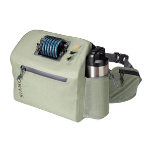Cloudburst green colored fly fishing Orvis Pro Waterproof Hip Pack shown with a water bottle in exterior holder and a full tippet bar on top, against a white background.
