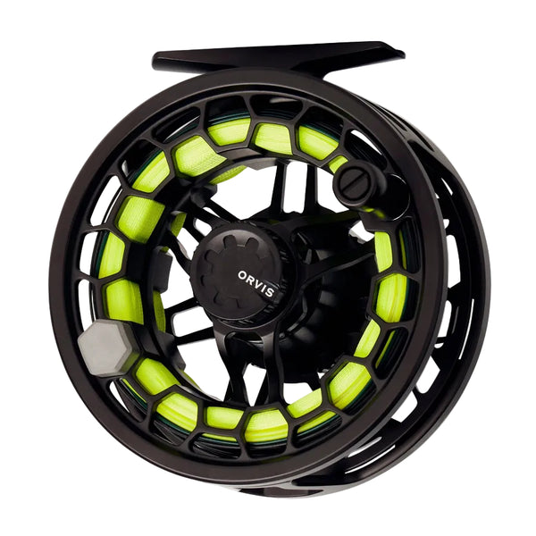 A black Orvis Ratio saltwater fly fishing reel on a white background.