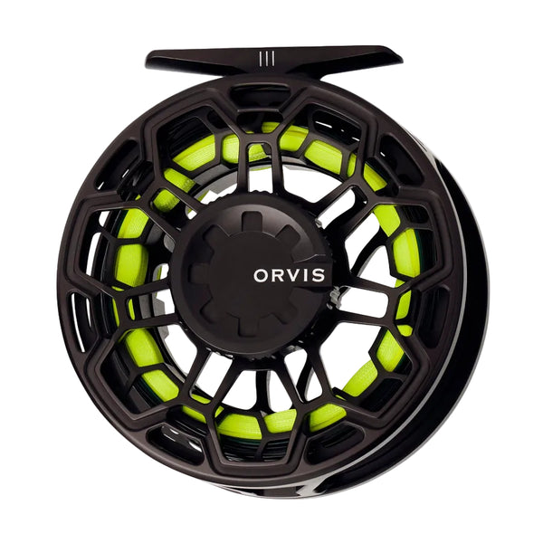 A black Orvis Ratio saltwater fly fishing reel on a white background.