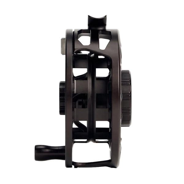A black Orvis Ratio saltwater fly fishing reel on a white background.
