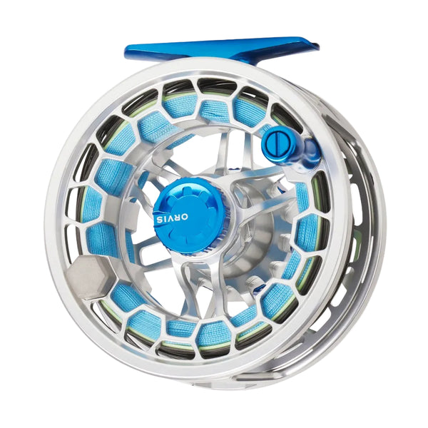 A silver and deep sea blue Orvis Ratio saltwater fly fishing reel on a white background.