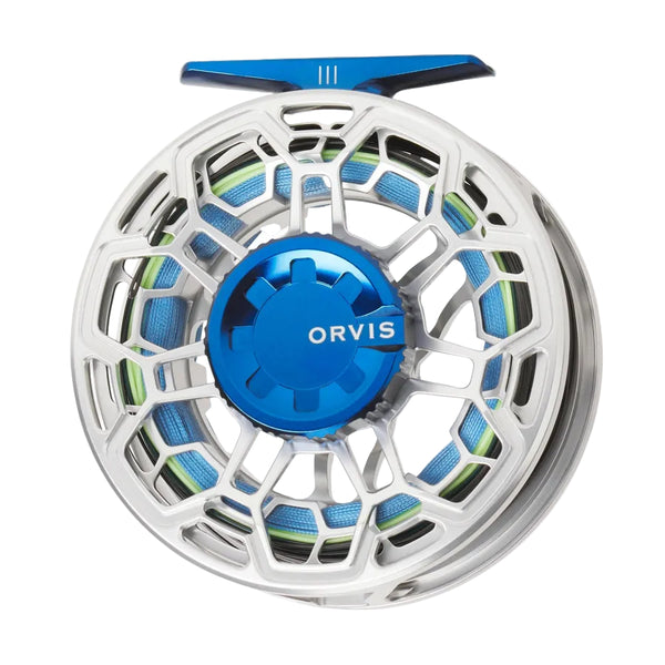 A silver and deep sea blue Orvis Ratio saltwater fly fishing reel on a white background.