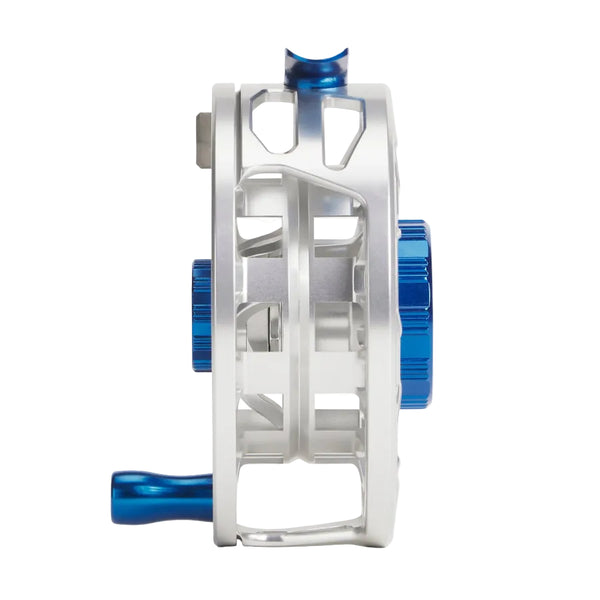 A silver and deep sea blue Orvis Ratio saltwater fly fishing reel on a white background.
