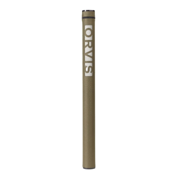 An olive color Orvis recon fly rod tube with an Orvis logo on a white background.