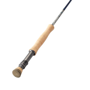 An Orvis Recon Saltwater Fly Rod with a blue blank, a cork handle, and aluminum reel seat,on a white background.