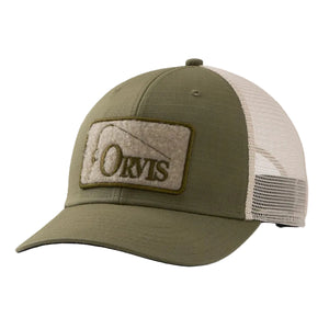 A tarragon and sand tan Orvis Ripstop Trucker Hat, with an Orvis logo patch on the front, against a white background.