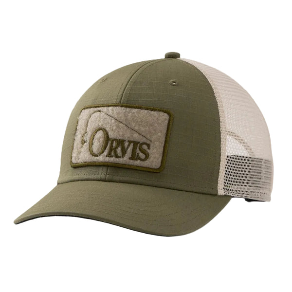 A tarragon and sand tan Orvis Ripstop Trucker Hat, with an Orvis logo patch on the front, against a white background.