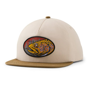 A tan and khaki Orvis Trout Flat Brim Hat, with an Orvis Brown Trout logo patch on the front, against a white background.